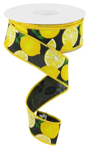 1.5" Lemon Print Ribbon: Black - 10yds