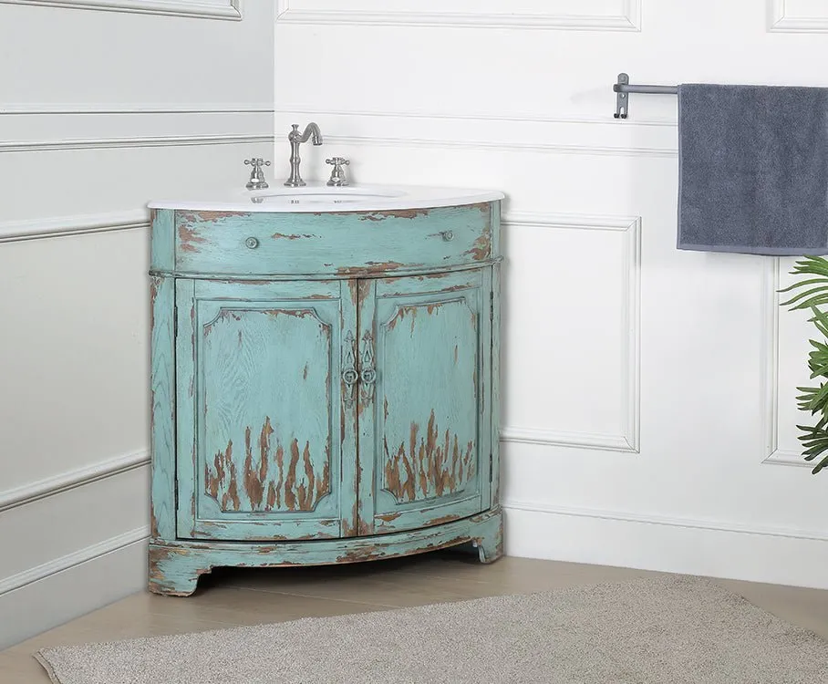 24 Inch Triadsville Freestanding Distressed Light Blue Corner Bathroom Sink Vanity