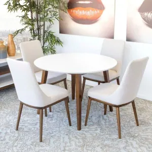 5-Piece Mid-Century Round Dining Set w/ 4 Fabric Dining Chairs in Beige