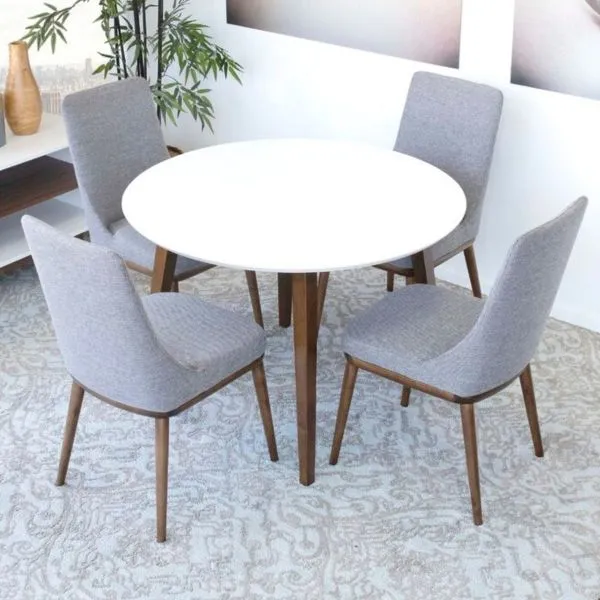 5-Piece Mid-Century Round Dining Set w/ 4 Fabric Dining Chairs in Gray