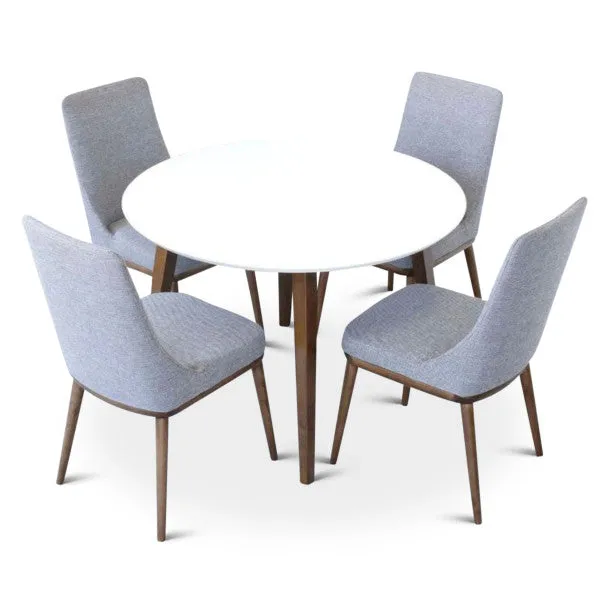 5-Piece Mid-Century Round Dining Set w/ 4 Fabric Dining Chairs in Gray