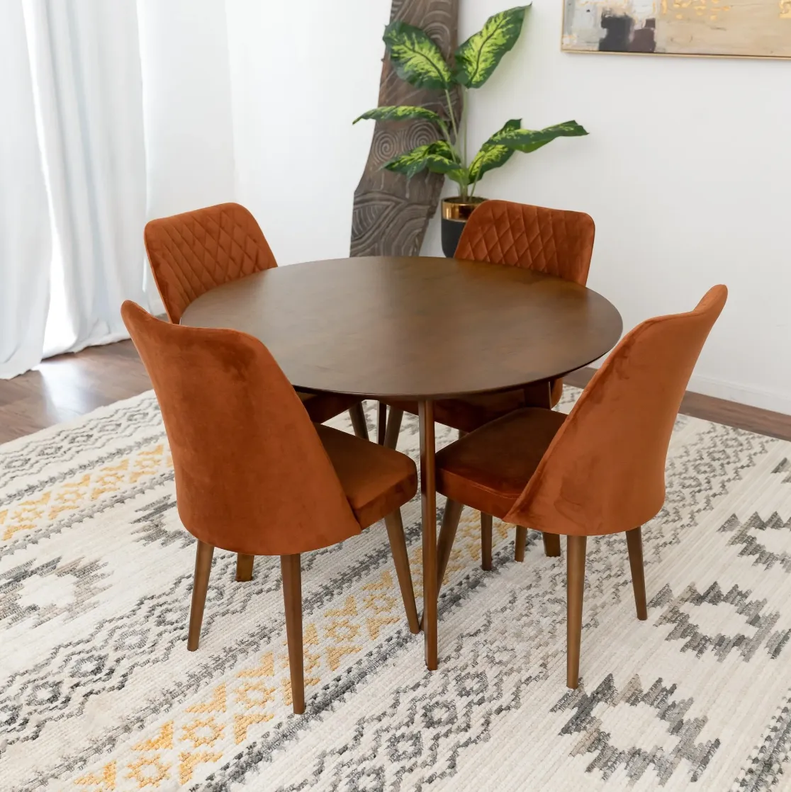 5-Piece Mid-Century Round Dining Set w/ 4 Velvet Dining Chairs in Burnt Orange