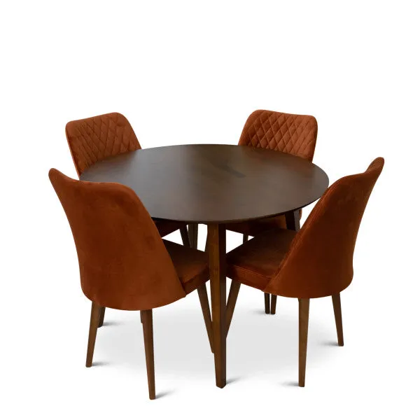 5-Piece Mid-Century Round Dining Set w/ 4 Velvet Dining Chairs in Burnt Orange