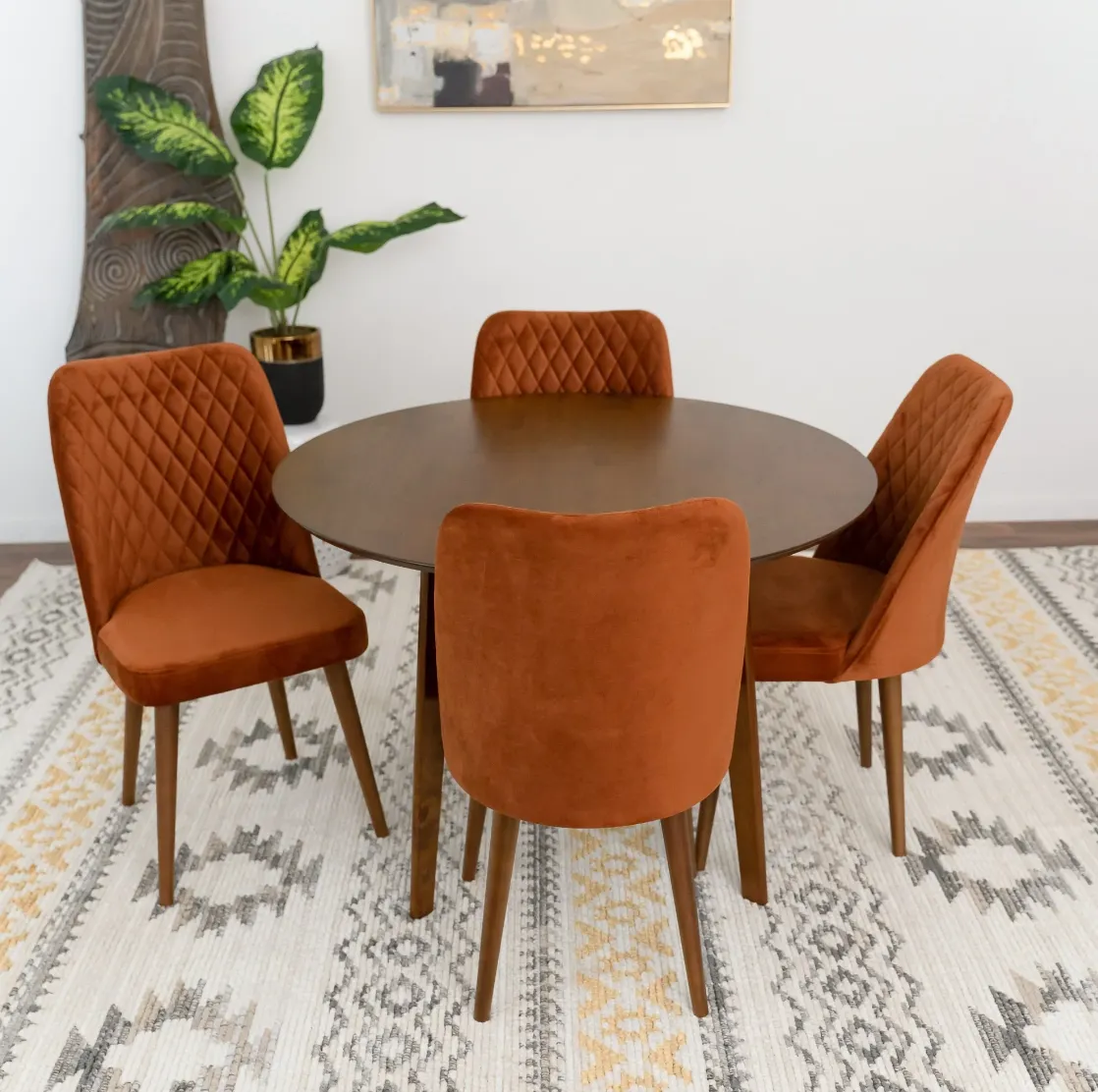 5-Piece Mid-Century Round Dining Set w/ 4 Velvet Dining Chairs in Burnt Orange