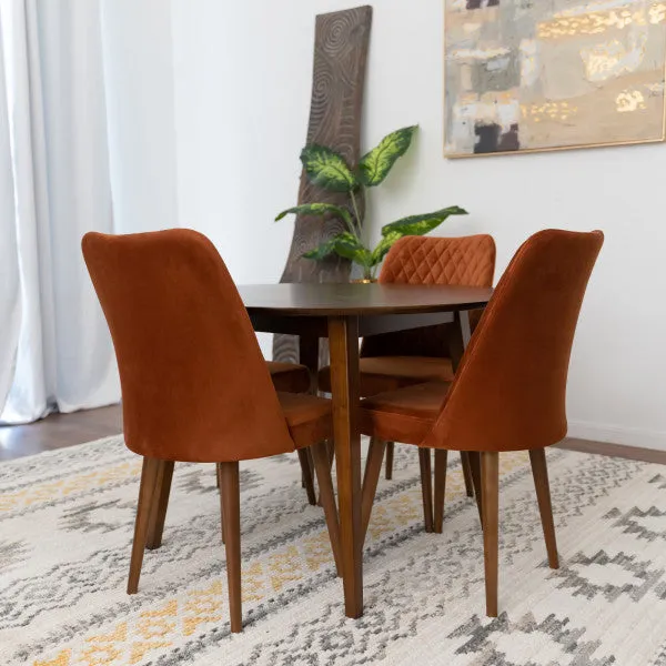 5-Piece Mid-Century Round Dining Set w/ 4 Velvet Dining Chairs in Burnt Orange