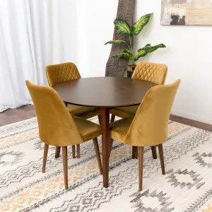 5-Piece Mid-Century Round Dining Set w/ 4 Velvet Dining Chairs in Gold