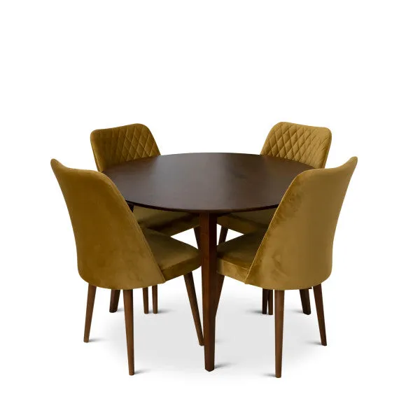 5-Piece Mid-Century Round Dining Set w/ 4 Velvet Dining Chairs in Gold