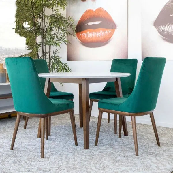 5-Piece Mid-Century Round Dining Set w/ 4 Velvet Dining Chairs in Green