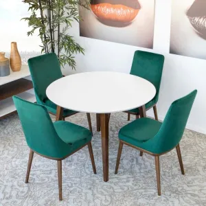 5-Piece Mid-Century Round Dining Set w/ 4 Velvet Dining Chairs in Green