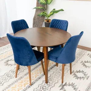 5-Piece Mid-Century Round Dining Set w/ 4 Velvet Dining Chairs in Navy Blue