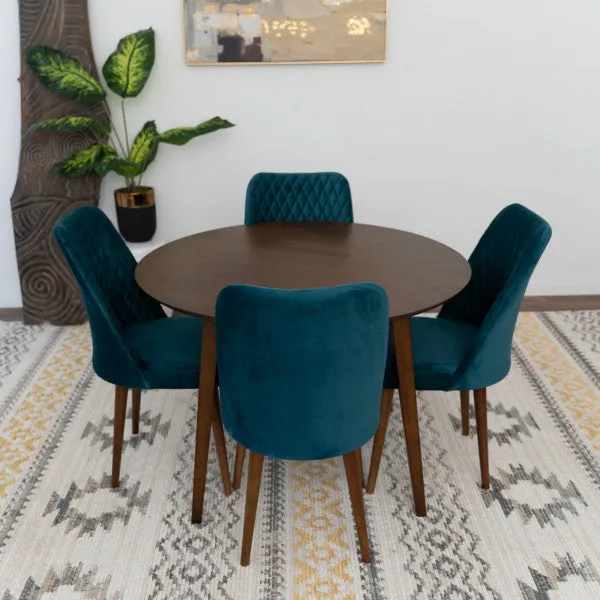 5-Piece Mid-Century Round Dining Set w/ 4 Velvet Dining Chairs in Teal