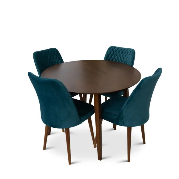 5-Piece Mid-Century Round Dining Set w/ 4 Velvet Dining Chairs in Teal