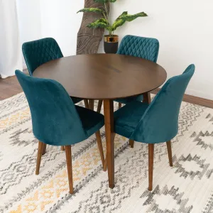 5-Piece Mid-Century Round Dining Set w/ 4 Velvet Dining Chairs in Teal