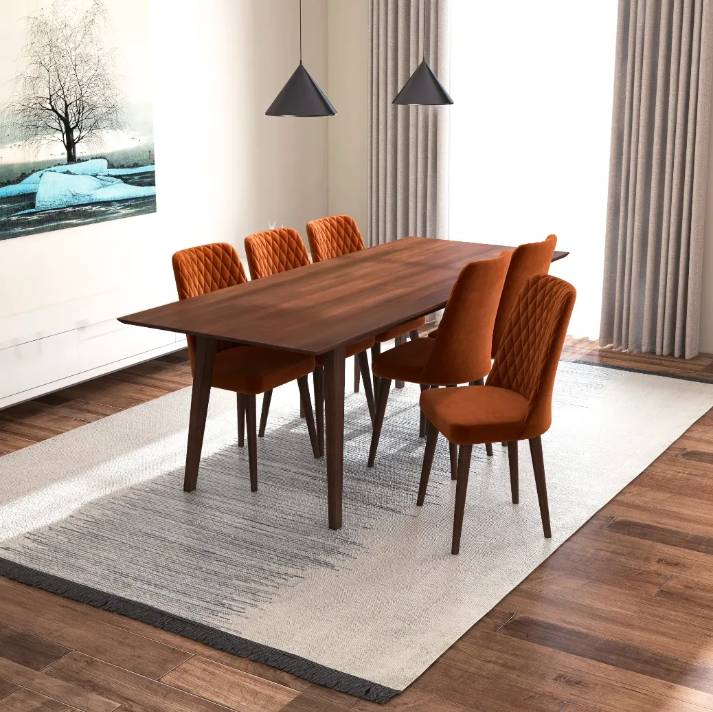 7-Piece Mid-Century Dining Set with 6 Velvet Dining Chairs in Burnt Orange