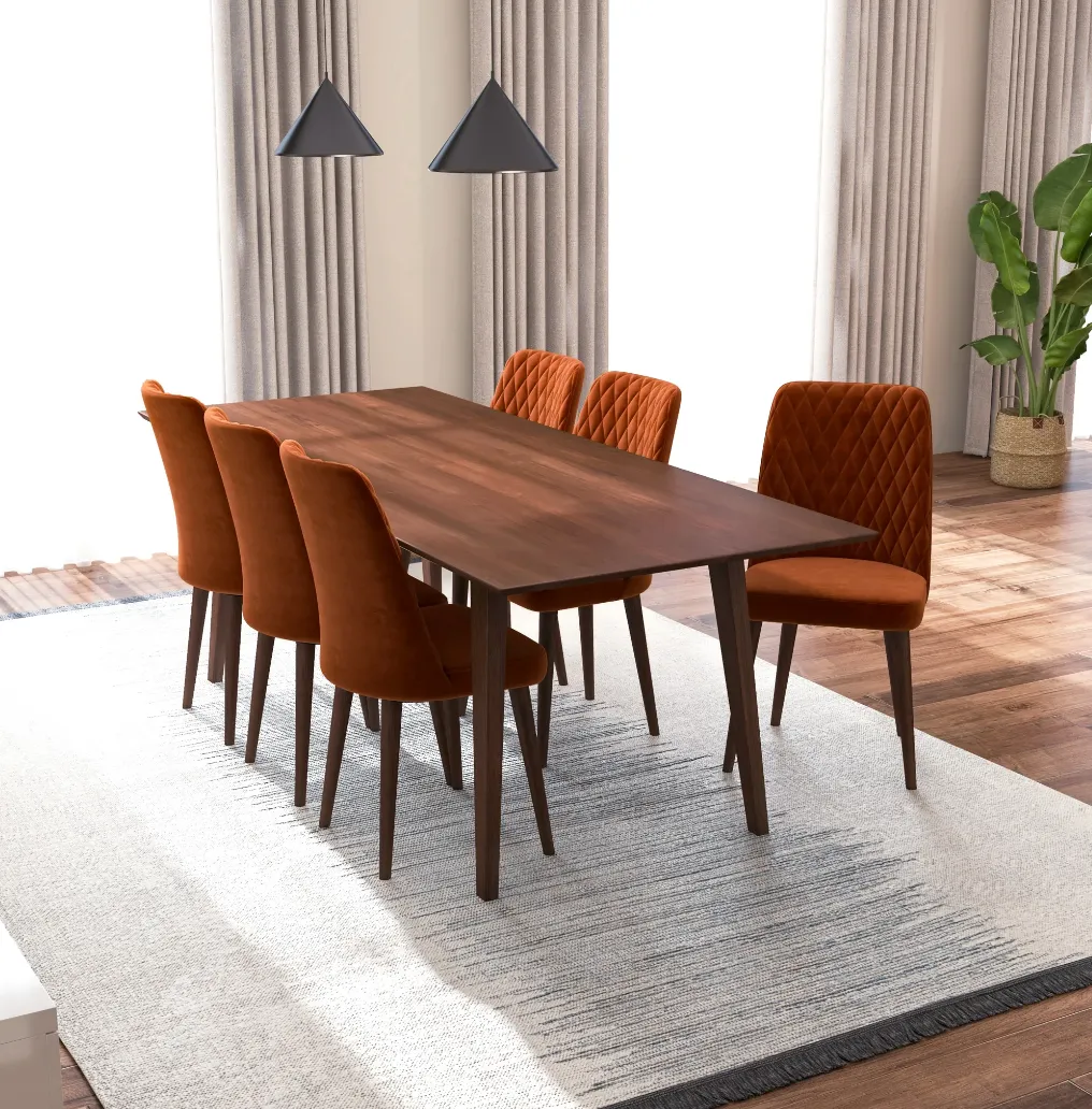 7-Piece Mid-Century Dining Set with 6 Velvet Dining Chairs in Burnt Orange