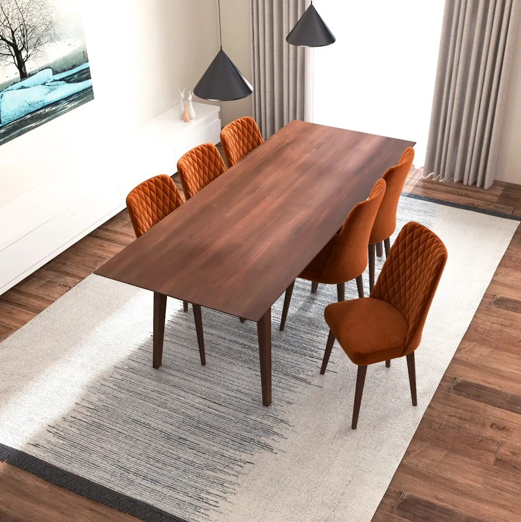 7-Piece Mid-Century Dining Set with 6 Velvet Dining Chairs in Burnt Orange