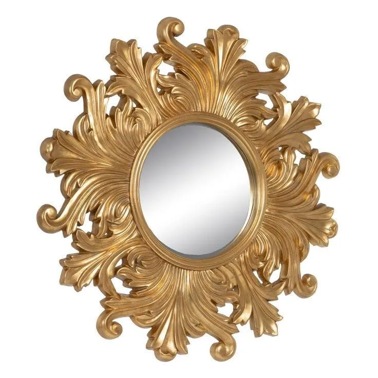 AH.WOODHANDICRAFTS Ornate Wooden Wall Mirror with Intricate Carvings, 50 cm Diameter