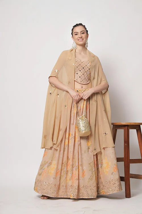 Beige Georgette Print With Sequins Embroidered Work Lehenga Choli