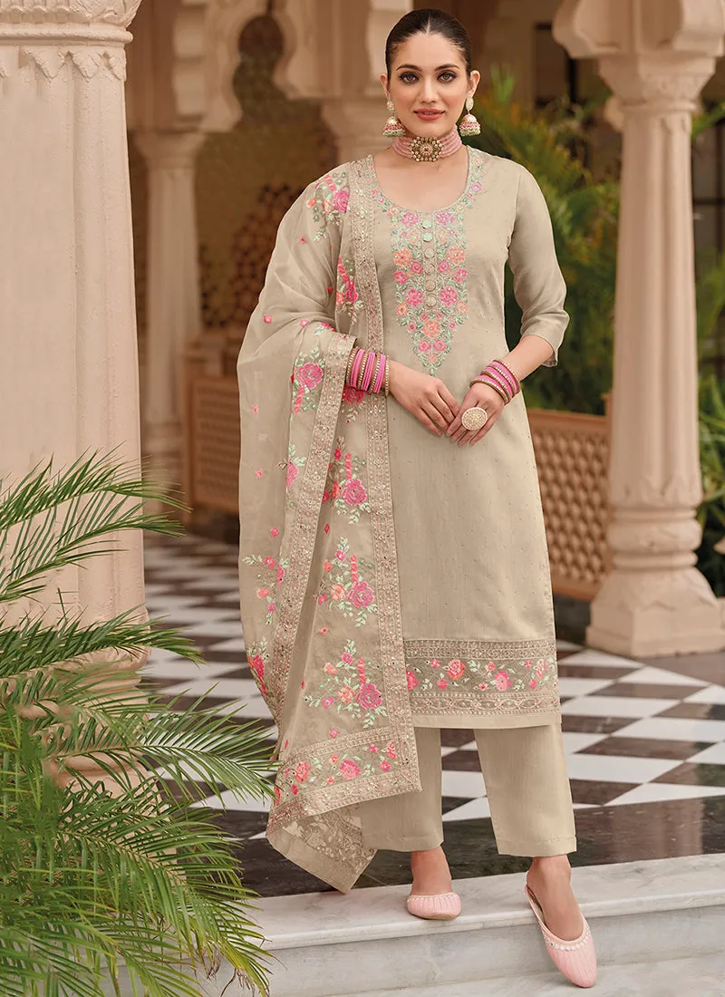 Beige Multi Embroidery Traditional Silk Salwar Kameez