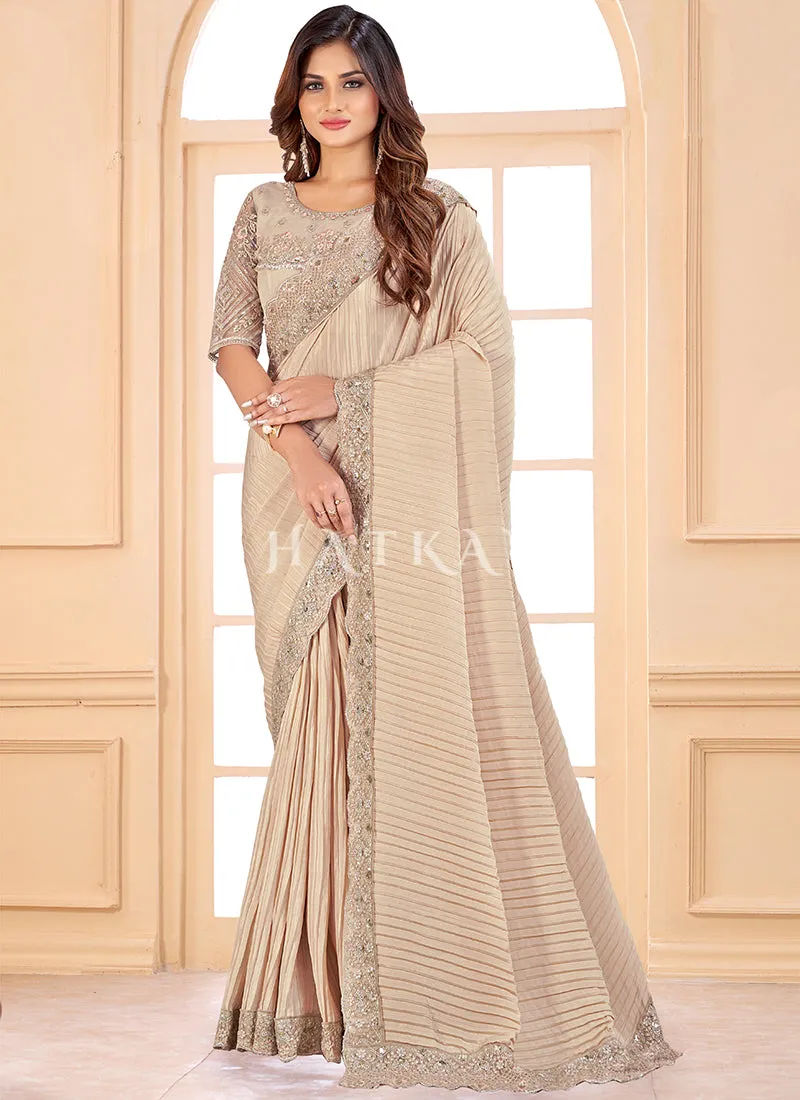 Beige Sequence Embroidered Crush Wedding Saree