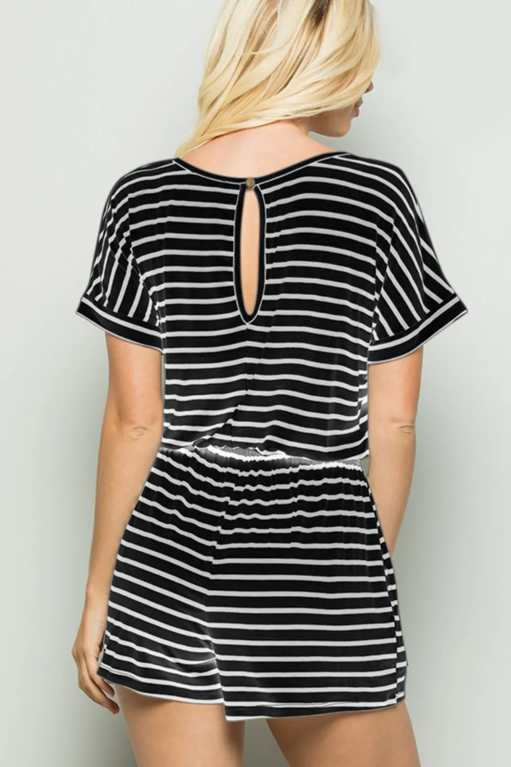 Black and White Striped Round Neck Short Sleeve Romper Petite and Plus Size Fashion