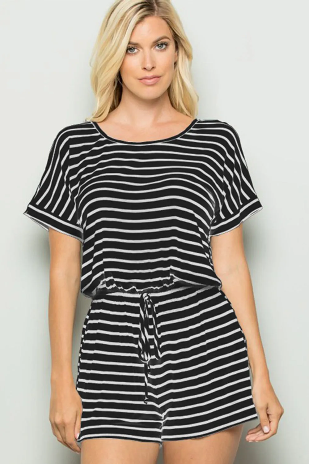 Black and White Striped Round Neck Short Sleeve Romper Petite and Plus Size Fashion