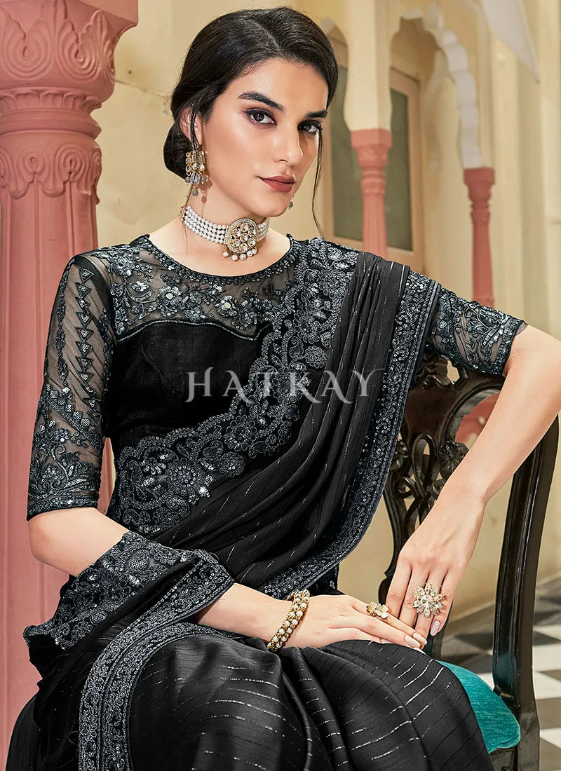 Black Sequence Embroidery Designer Silk Saree