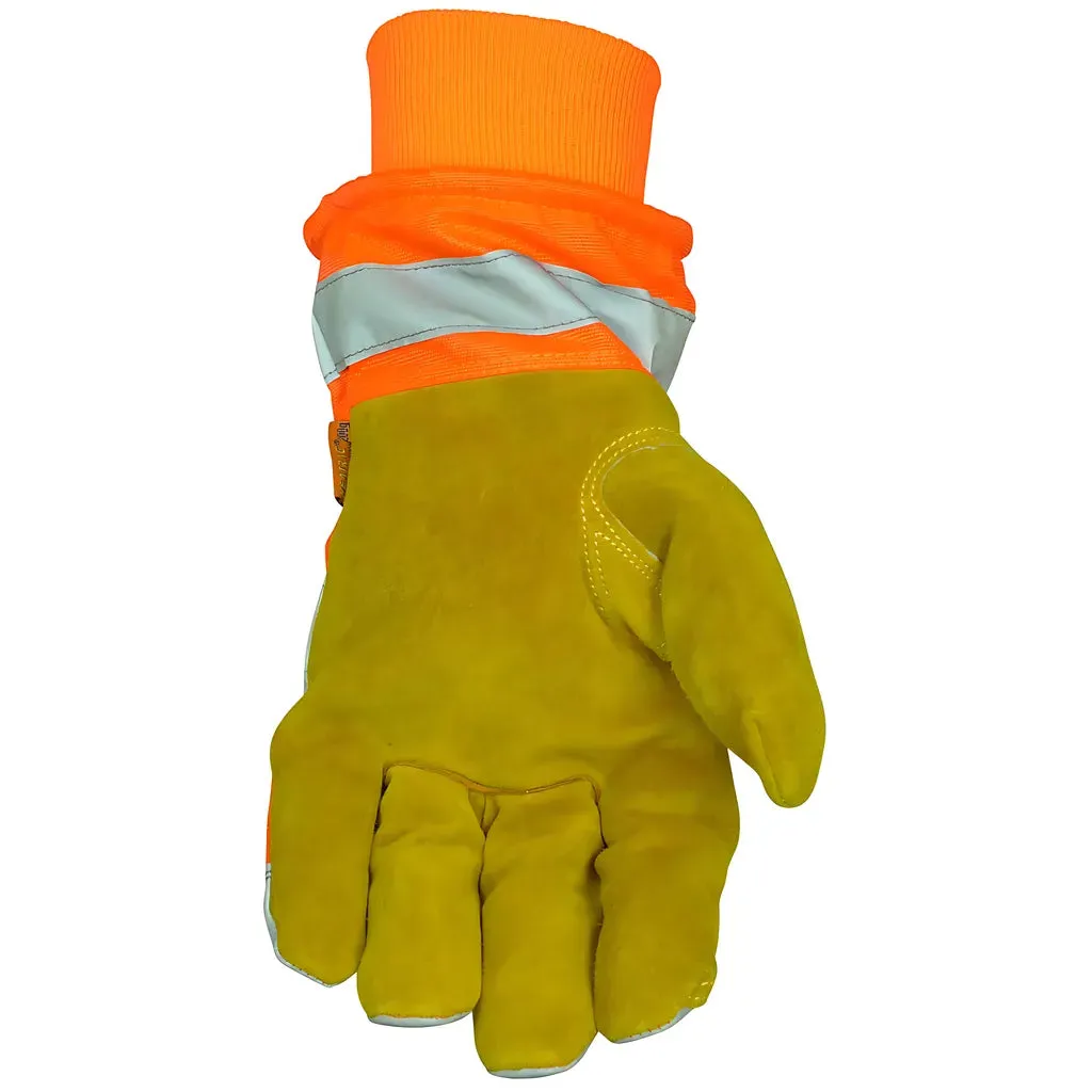 Caiman 1353-5 Premium Split Cowhide Leather Palm Glove with Hi-Vis Water Resistant Fabric Back - Heatrac Insulation