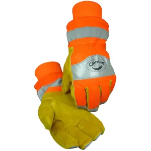 Caiman 1353-5 Premium Split Cowhide Leather Palm Glove with Hi-Vis Water Resistant Fabric Back - Heatrac Insulation