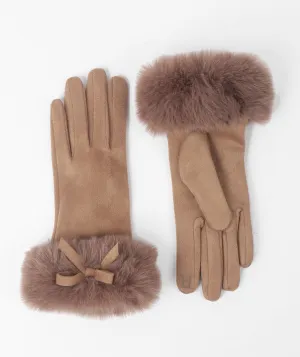 Camel Faux Suede Gloves with Faux Fur Cuffs