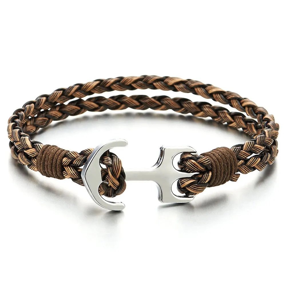 COOLSTEELANDBEYOND Mens Women Anchor Braided Leather Bracelet Multi-Strand Wristband Wrap Bracelet