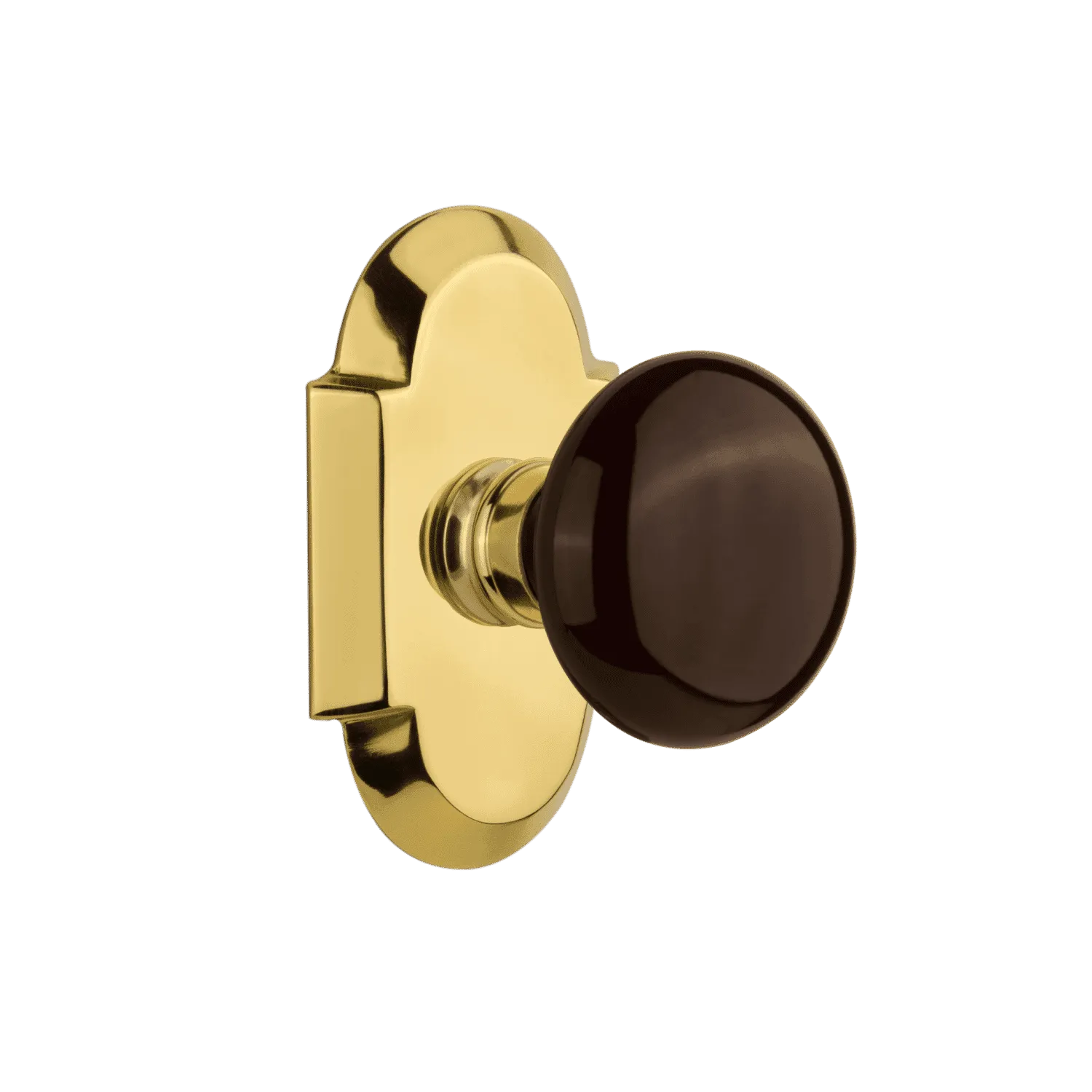 Cottage Short Plate with Brown Porcelain Knob in Polished Brass