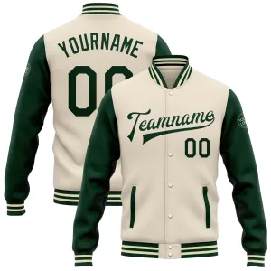 Custom Cream Green Bomber Full-Snap Varsity Letterman Two Tone Jacket