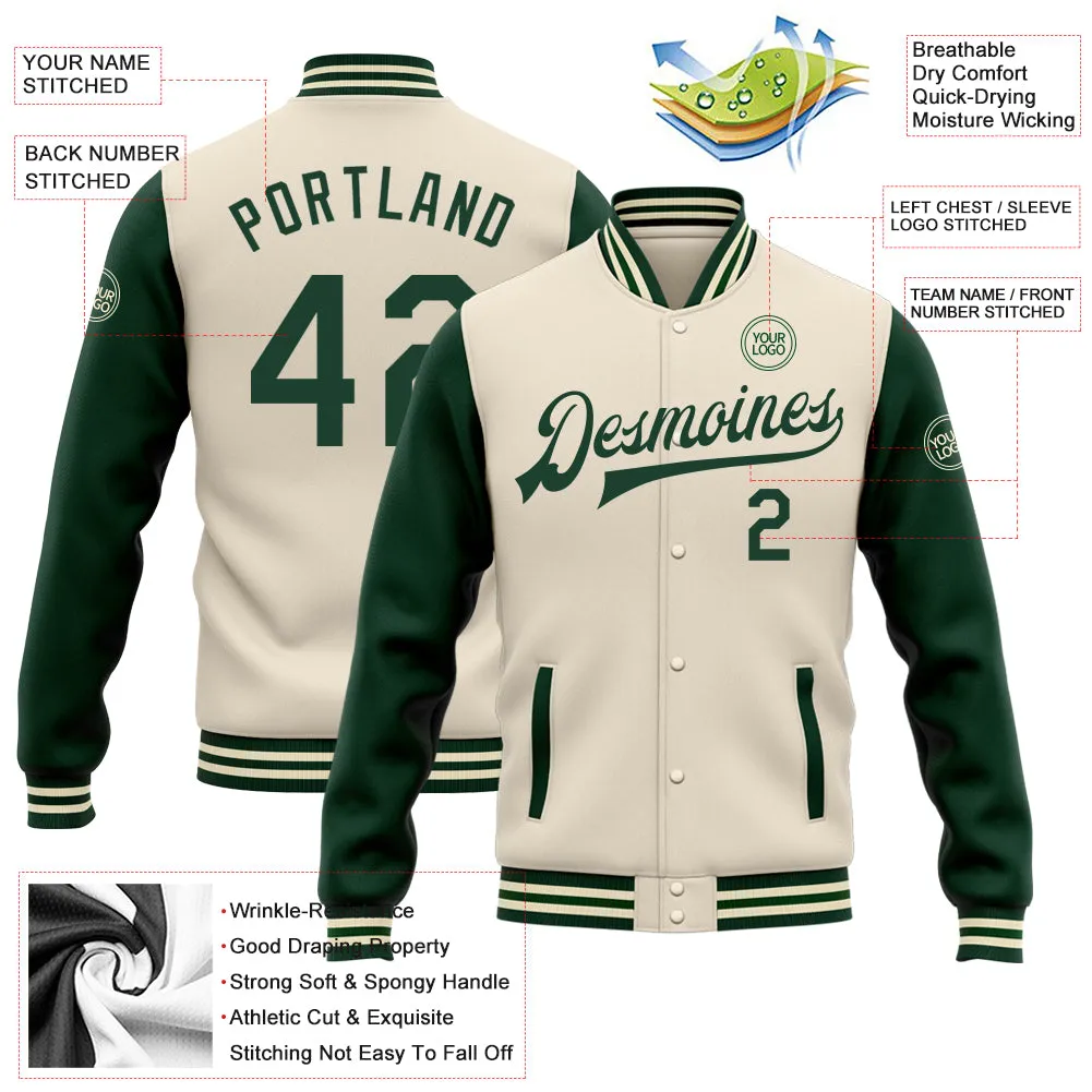 Custom Cream Green Bomber Full-Snap Varsity Letterman Two Tone Jacket