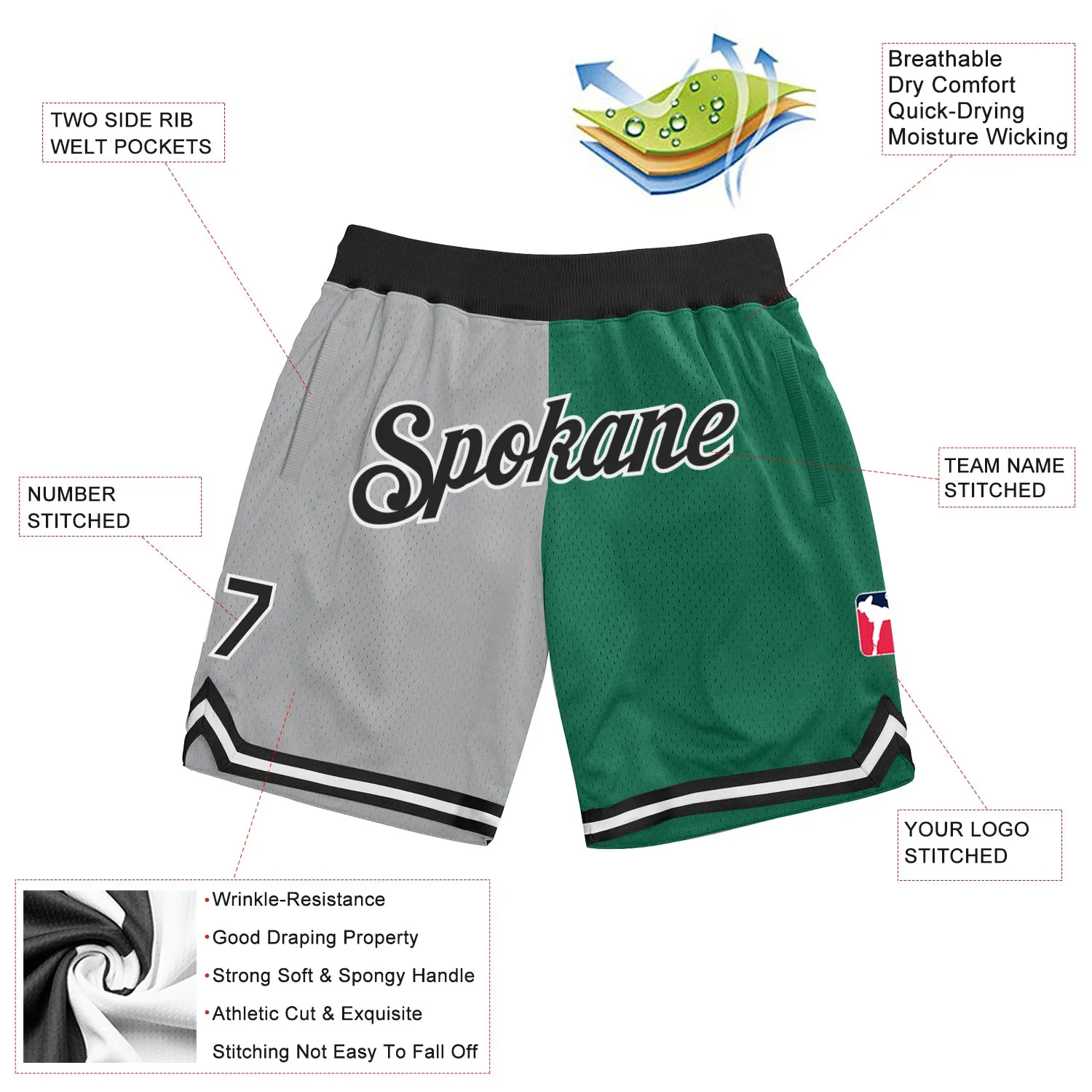 Custom Gray Black-Kelly Green Authentic Throwback Split Fashion Basketball Shorts