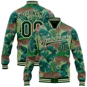 Custom Green Green-Cream Tropical Tiger With Palms 3D Pattern Design Bomber Full-Snap Varsity Letterman Jacket