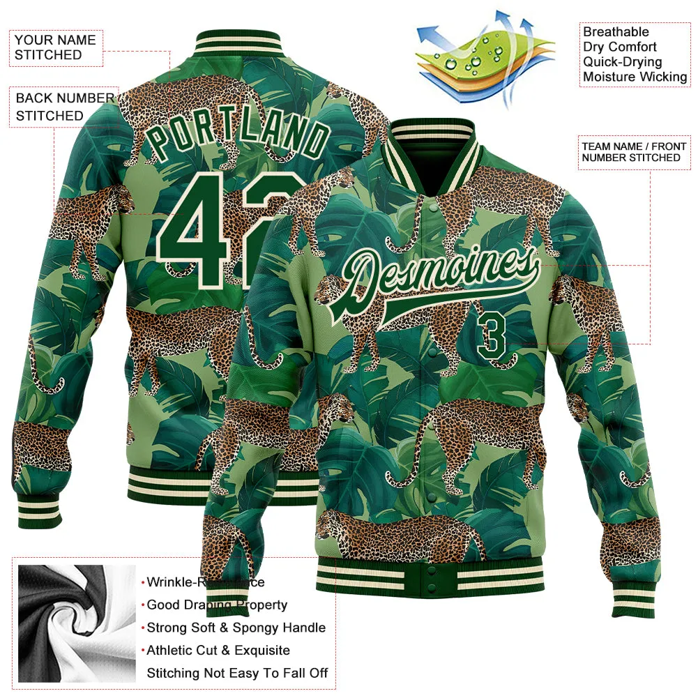 Custom Green Green-Cream Tropical Tiger With Palms 3D Pattern Design Bomber Full-Snap Varsity Letterman Jacket