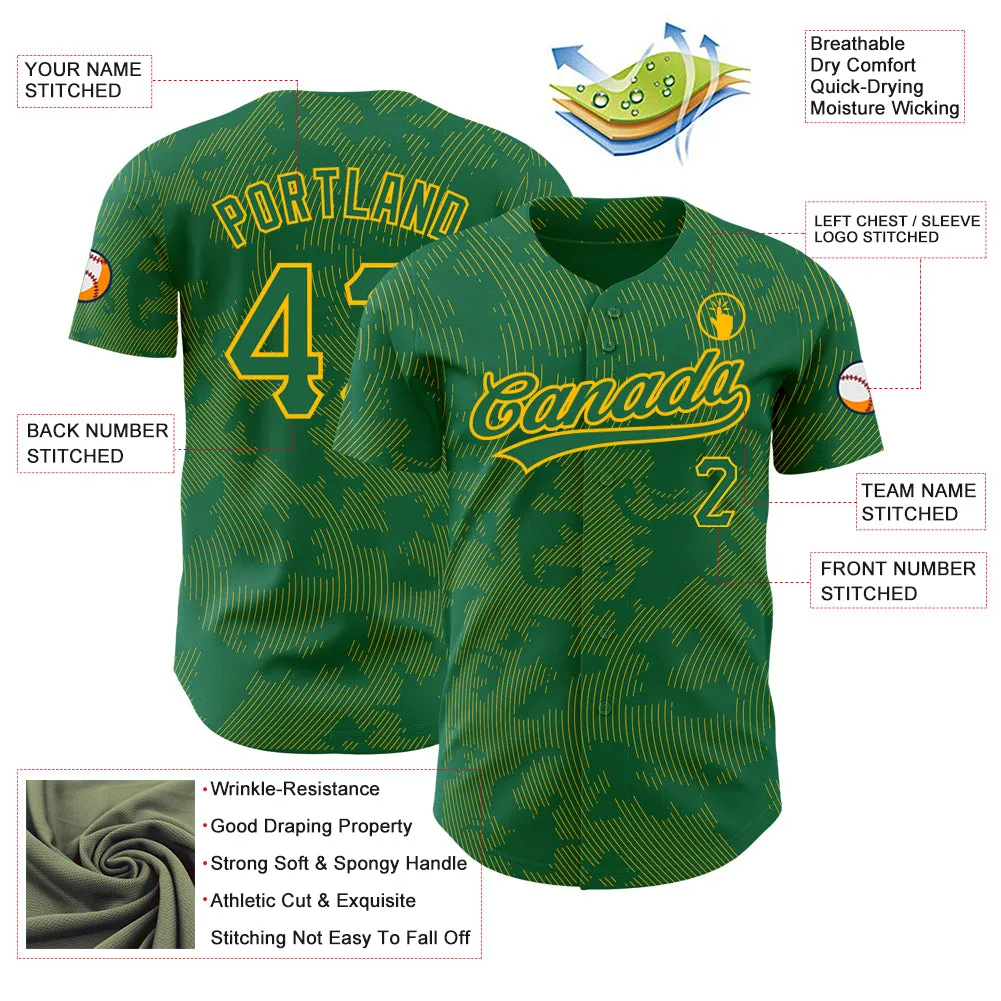 Custom Kelly Green Gold 3D Pattern Design Curve Lines Authentic Baseball Jersey