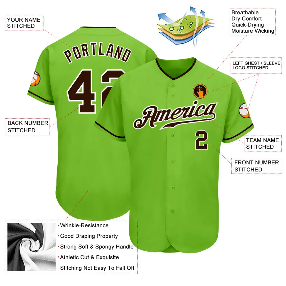 Custom Neon Green Brown-White Authentic Baseball Jersey