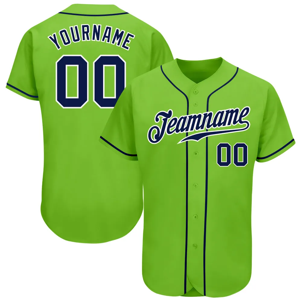 Custom Neon Green Navy-White Authentic Baseball Jersey