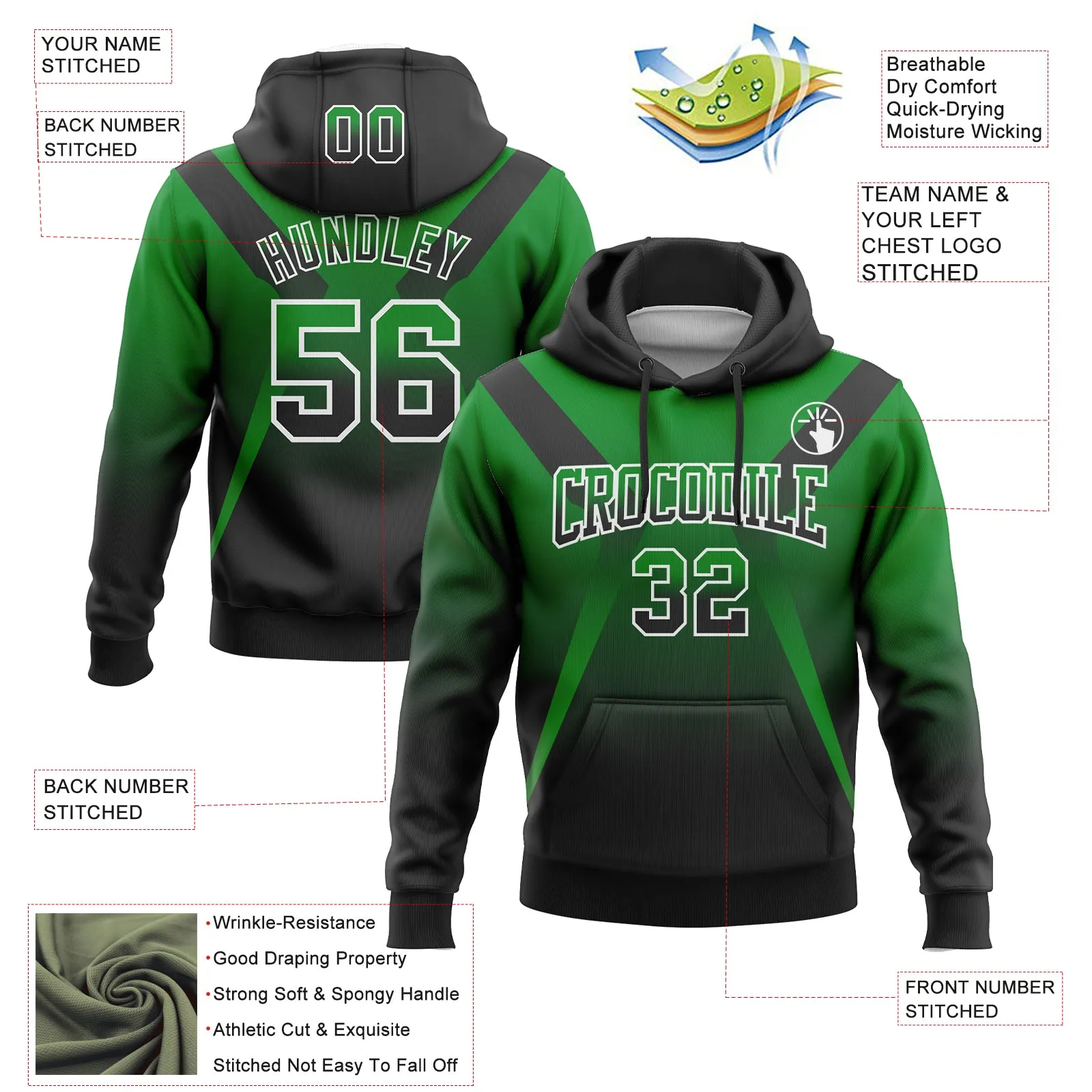 Custom Stitched Grass Green Black-White Fade Fashion Arrow Sports Pullover Sweatshirt Hoodie