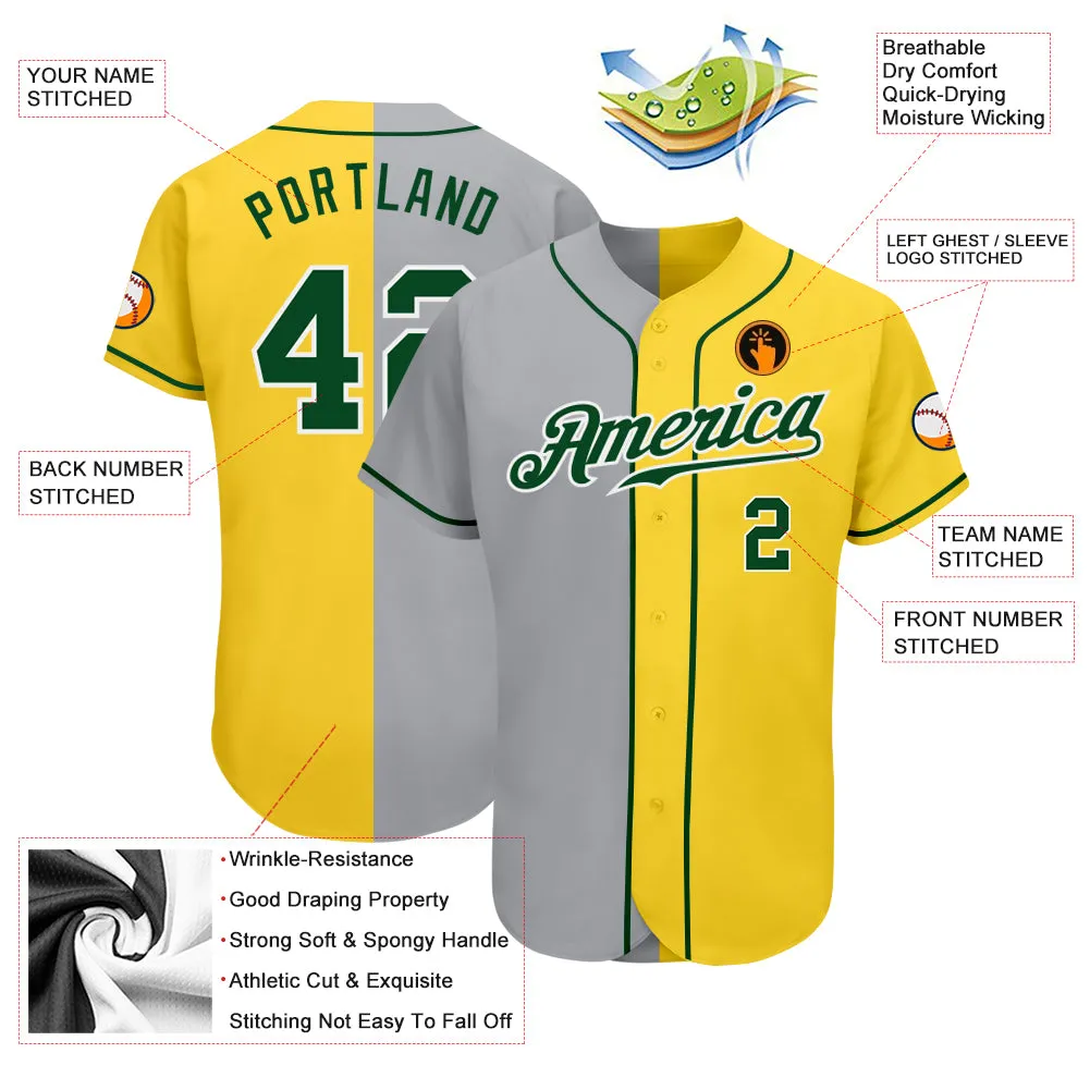 Custom Yellow Green-Gray Authentic Split Fashion Baseball Jersey