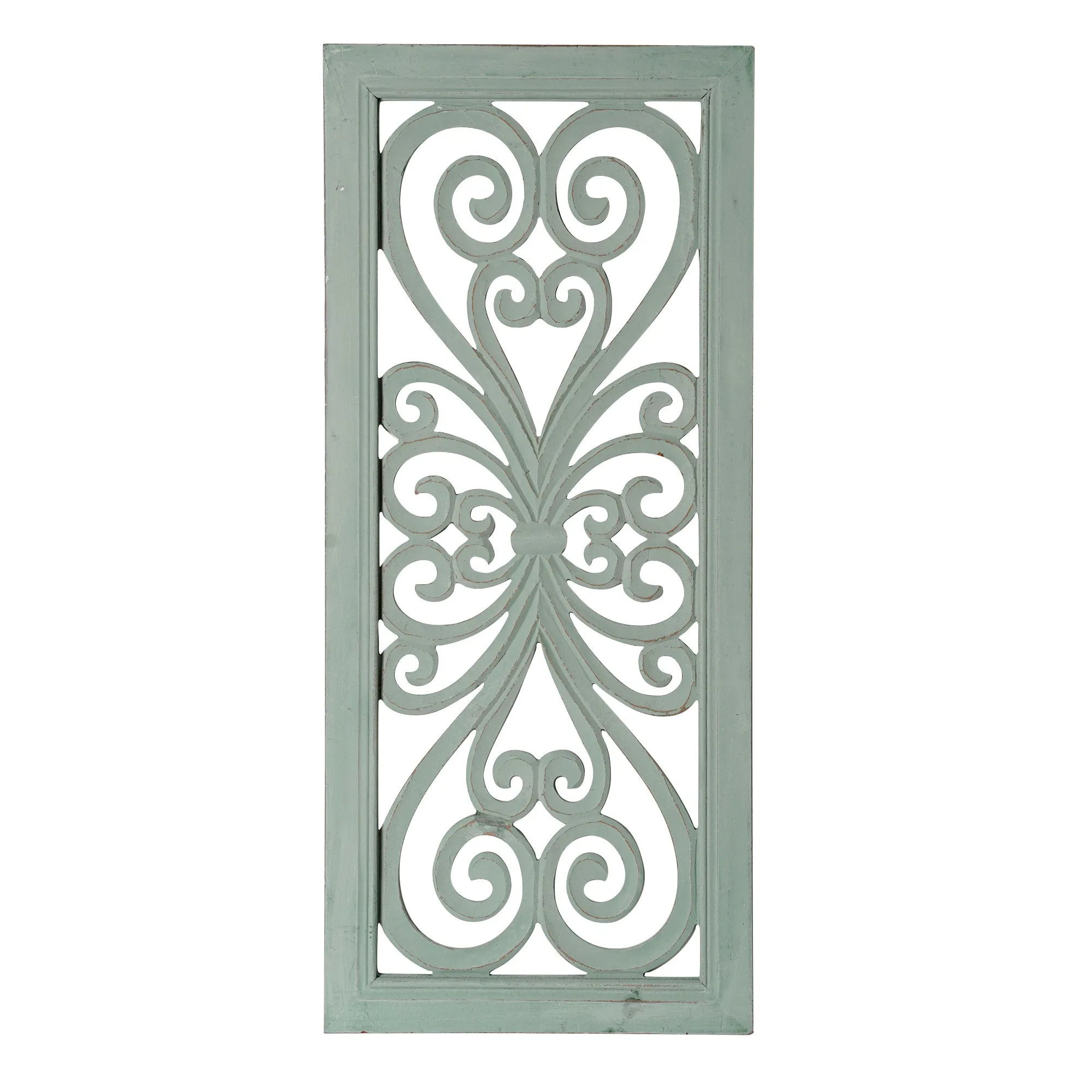 Distressed Hand-Carved Seafoam Green Wood Wall Medallion Panel, 16x36