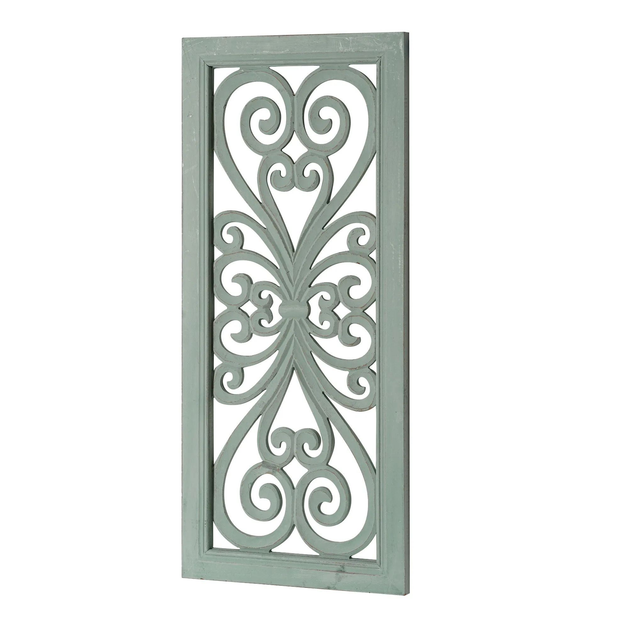 Distressed Hand-Carved Seafoam Green Wood Wall Medallion Panel, 16x36