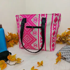 Dual Zip Fusion Tote Pink with White Graphic Prints Design