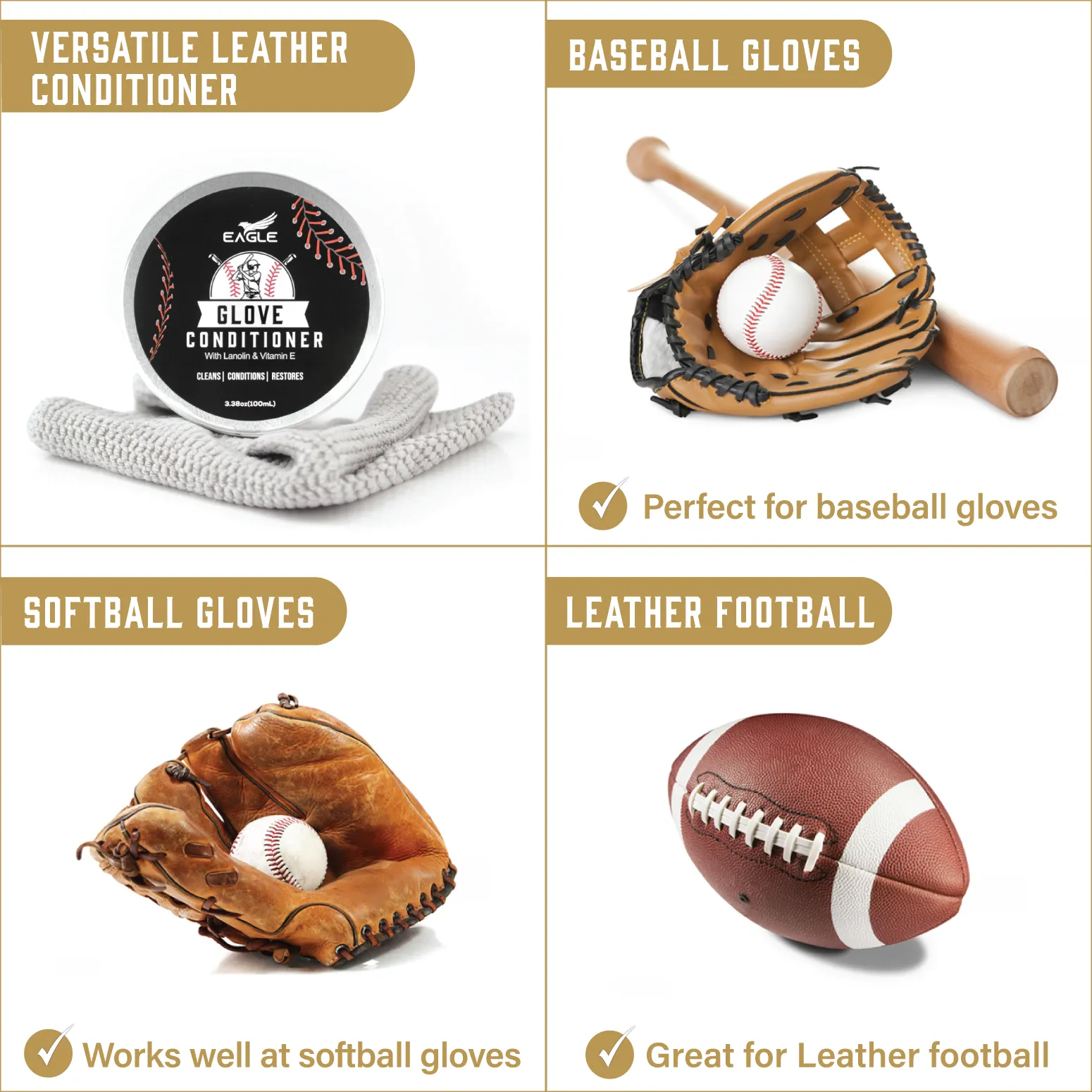 Eagle Leather Glove Conditioner Cream with Applicator & Cloth - Glove Treatment for Baseball & Softball Mitts, Football Leather, Break-in & Softening Ball-Players Balm - 2pcs Set