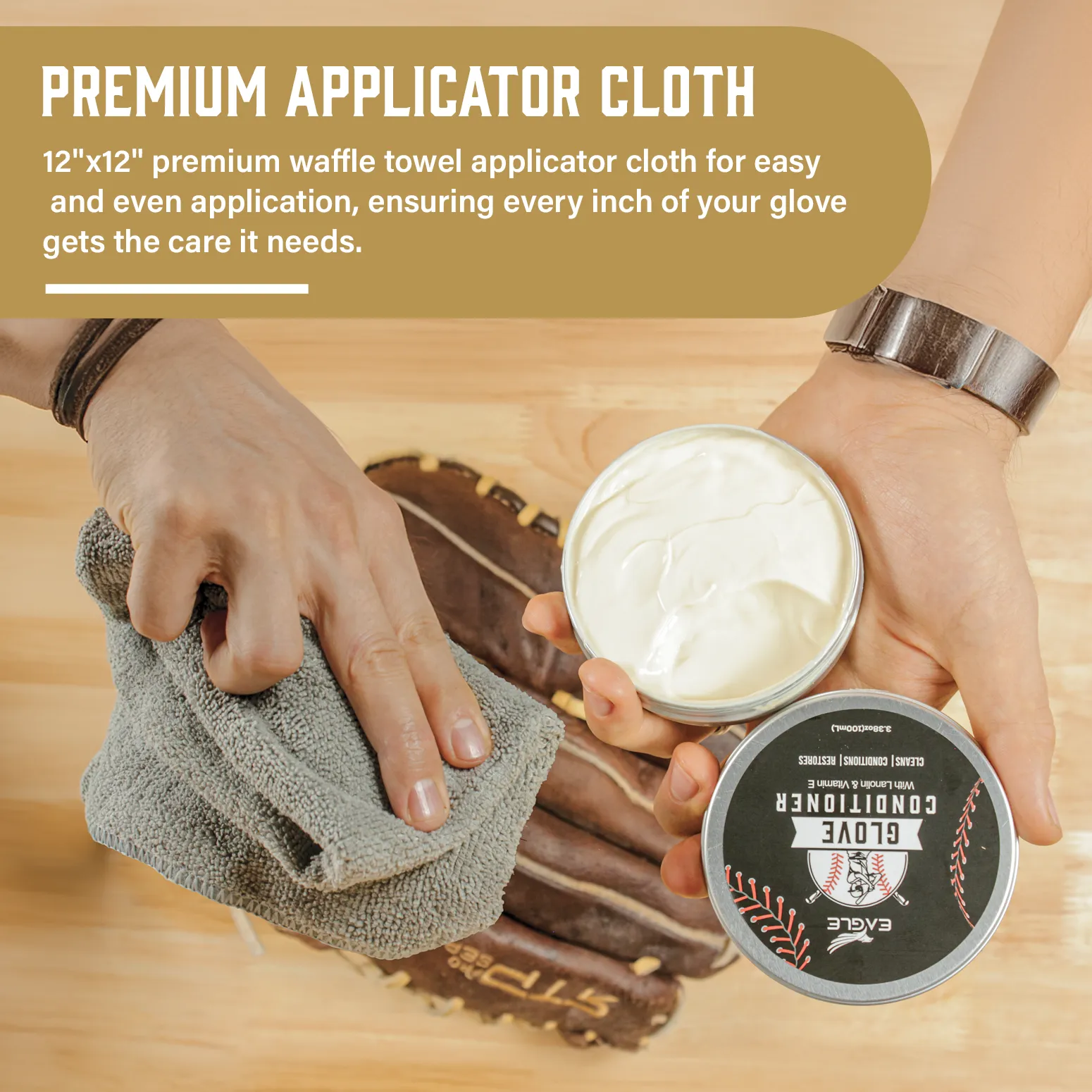 Eagle Leather Glove Conditioner Cream with Applicator & Cloth - Glove Treatment for Baseball & Softball Mitts, Football Leather, Break-in & Softening Ball-Players Balm - 2pcs Set