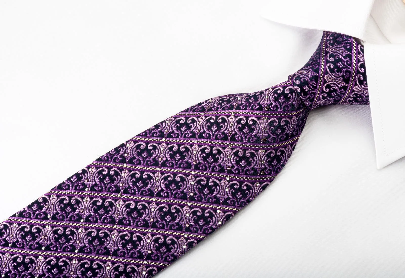 Elle Homme Silk Rhinestone Necktie Purple Striped Flur de Lis Motif With Silver Sparkles