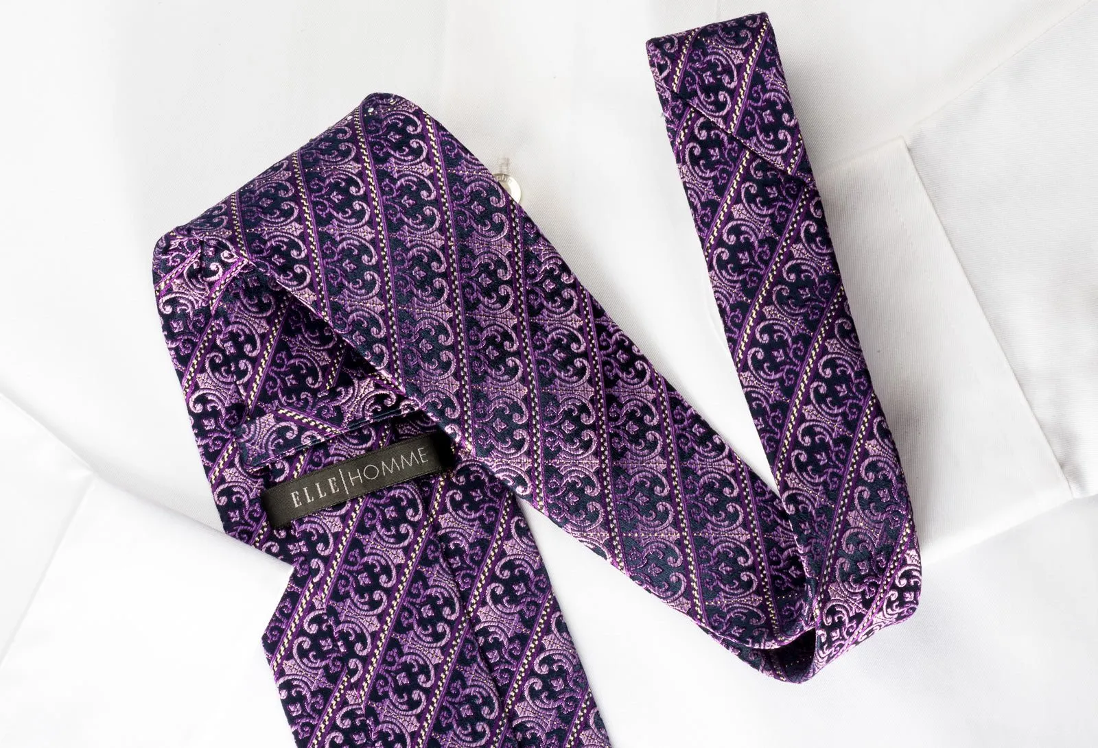 Elle Homme Silk Rhinestone Necktie Purple Striped Flur de Lis Motif With Silver Sparkles