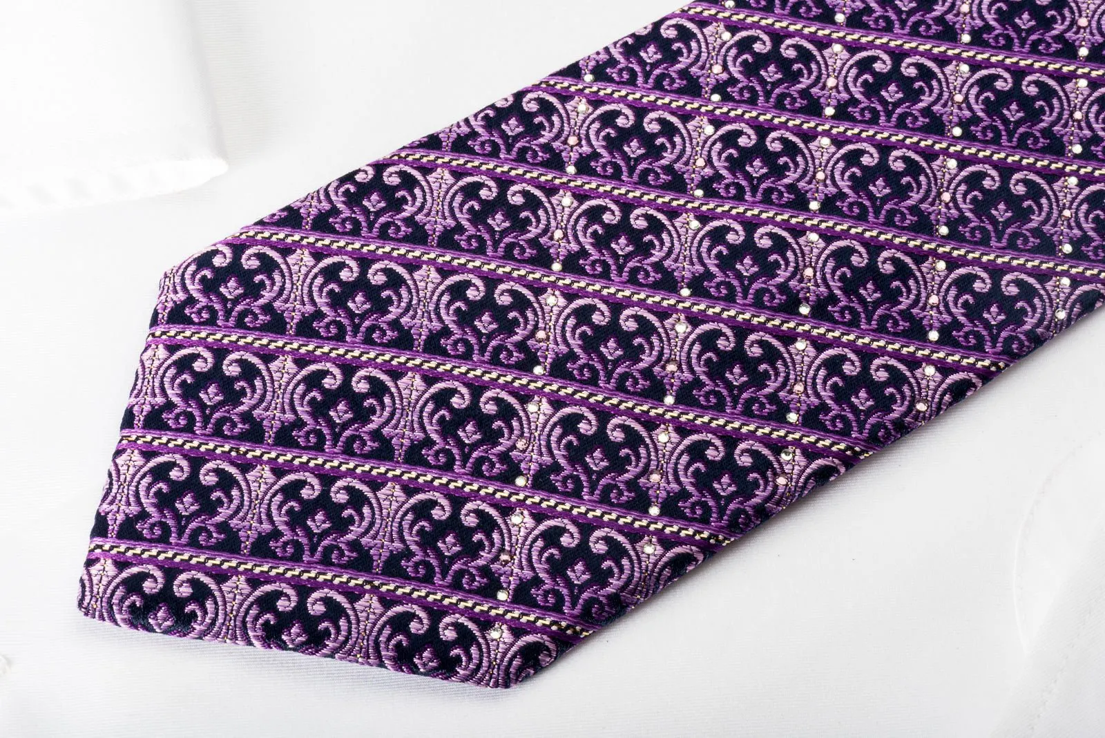 Elle Homme Silk Rhinestone Necktie Purple Striped Flur de Lis Motif With Silver Sparkles